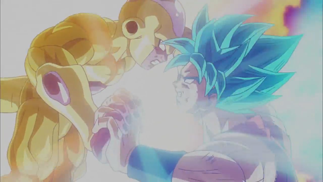 Goku SSGSS contra Freezer dorado en Dragon Ball Z: La Resurrección de Freezer